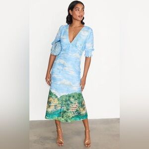 Never Fully Dressed Scenery May Midi Dress Watercolor Landscape Blue US 10